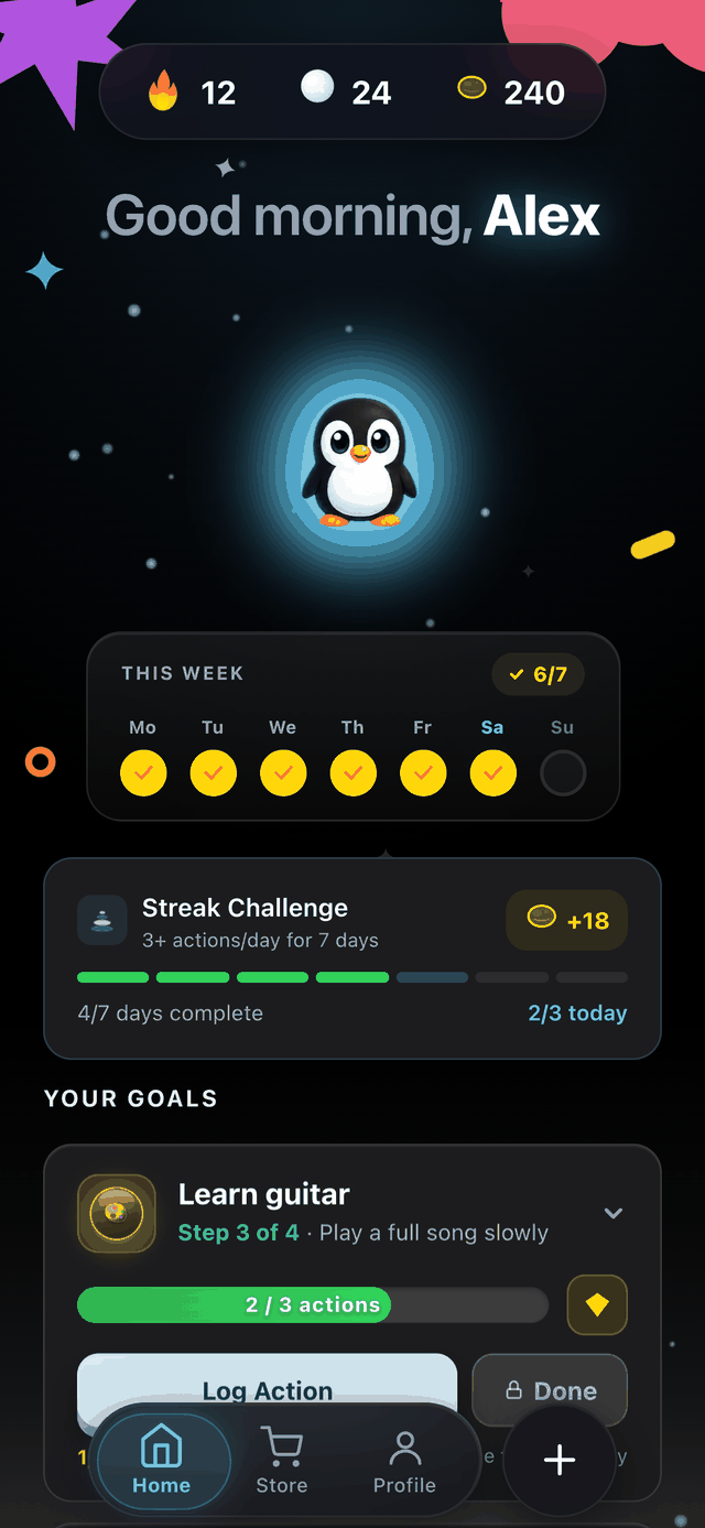 Nivolo home screen showing a 12-day streak, this week's check-ins, and two goals in progress.