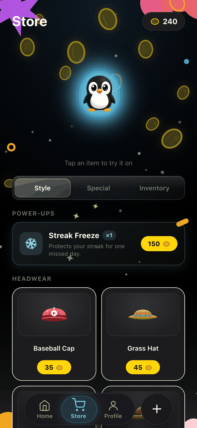 The Nivolo store, with a Streak Freeze power-up and hats to buy with Pecks.